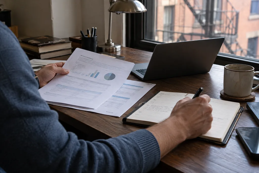 Revisão de relatório e anotações para acompanhamento dos investimentos