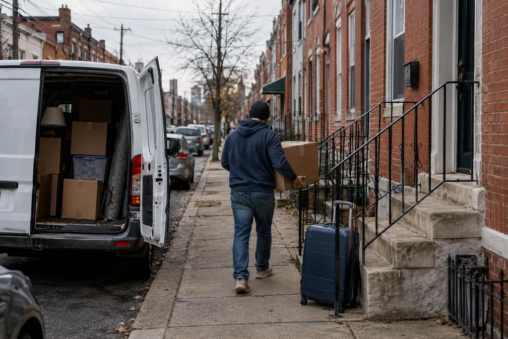 Mudança para uma residência em rua de casas de tijolos nos Estados Unidos